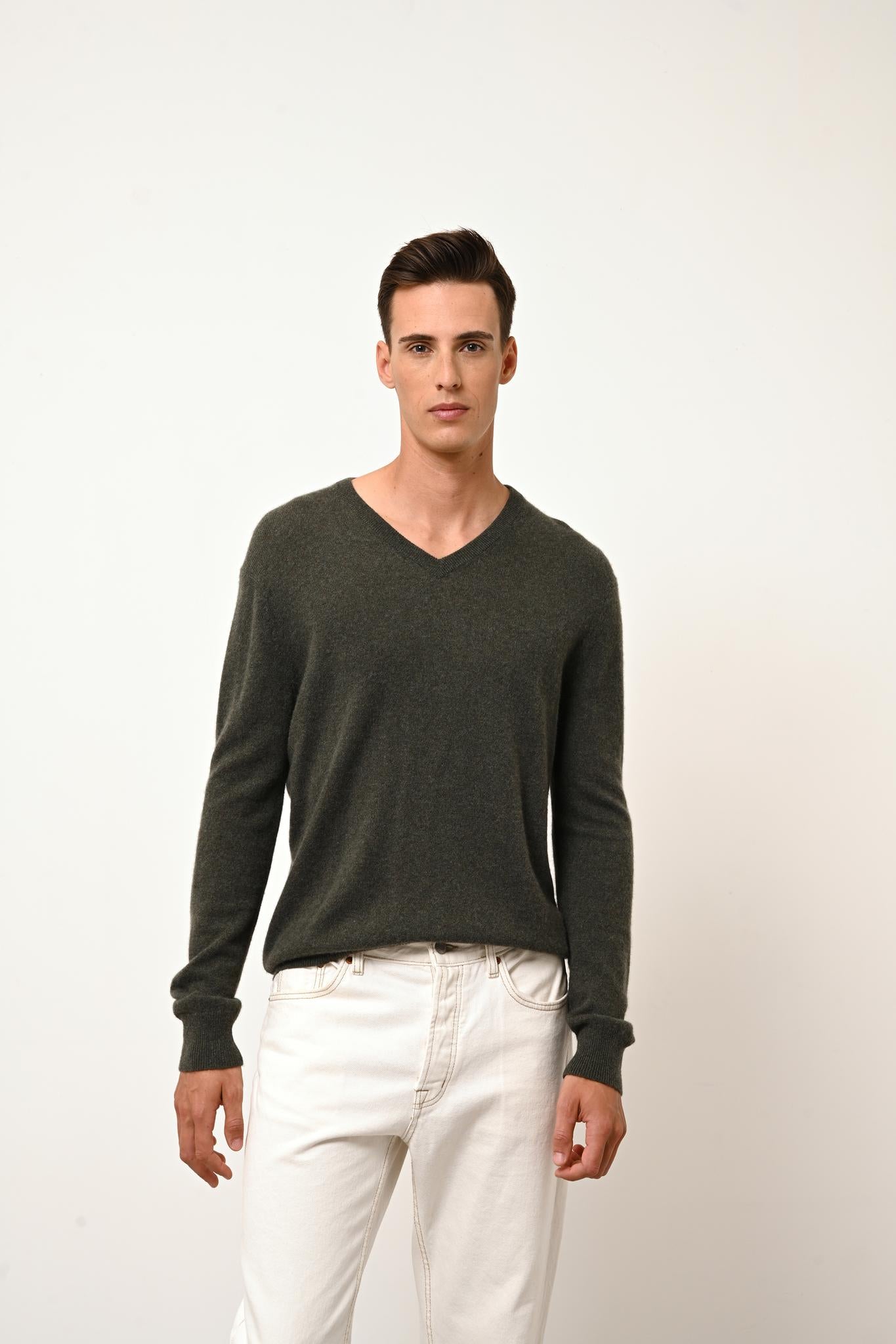 Pull Col V Kaki Chiné Walt, JUST CASHMERE