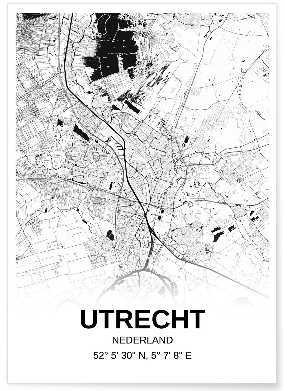 Affiche carte Utrecht - rectangle Noir et Blanc, L'AFFICHERIE