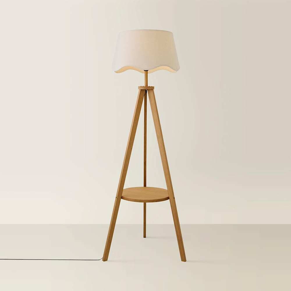 Morrina Wooden Shelf Floor Lamp with Scalloped Shade, SO'HOME