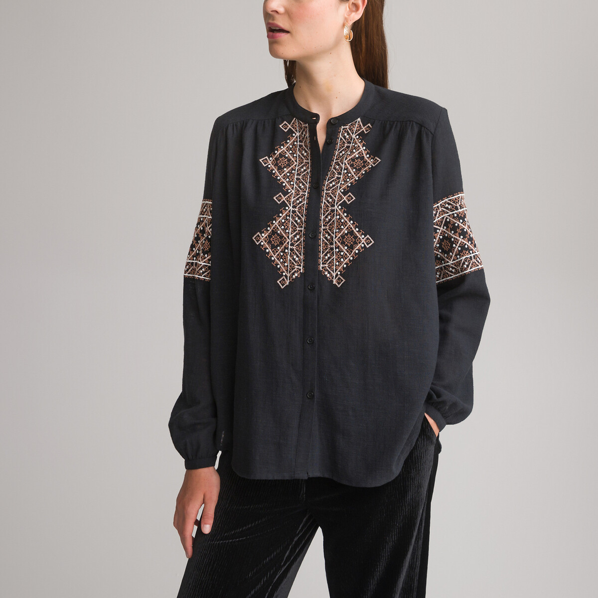Embroidered Cotton Blouse with Long Sleeves and Crew Neck