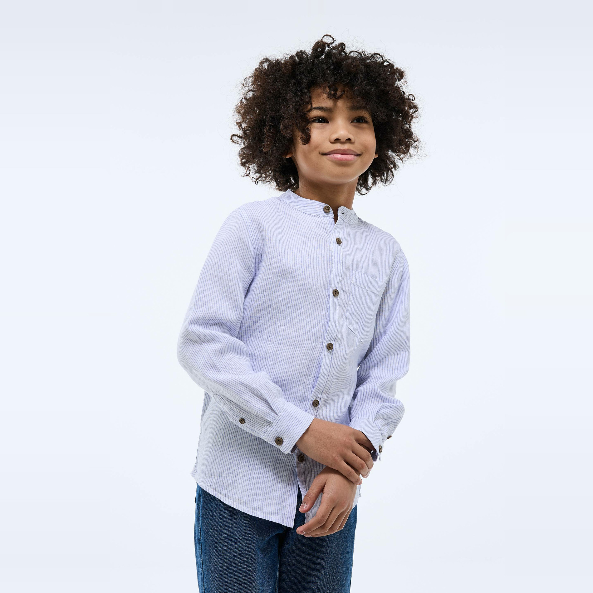 Chemise col mao rayée en 100% lin, MONOPRIX