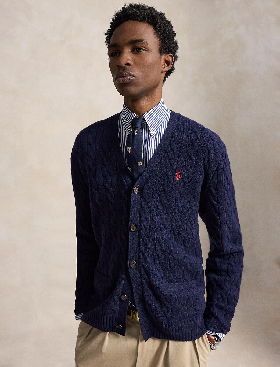 Cardigan boutonné, en maille torsadée, en laine mélangée, POLO RALPH LAUREN