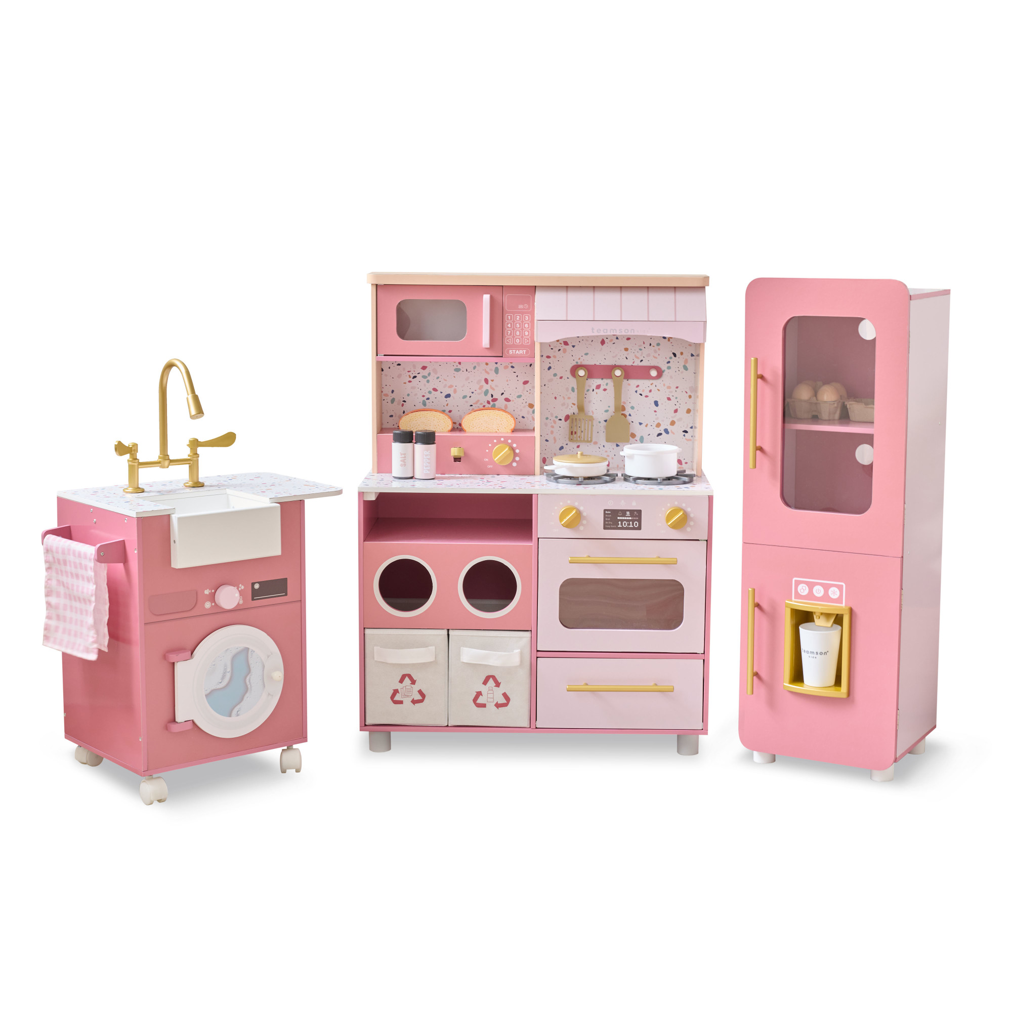 Cuisine jouet bois 3 pièces modulable, 21 accessoires, Rose, LITTLE CHEF, TEAMSON KIDS