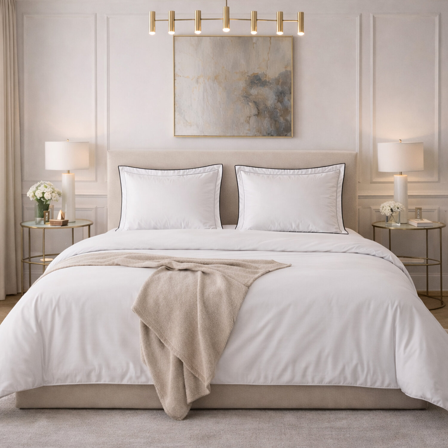 Parure housse de couette en satin de coton unie beige, TALIE, C DESIGN HOME TEXTILE