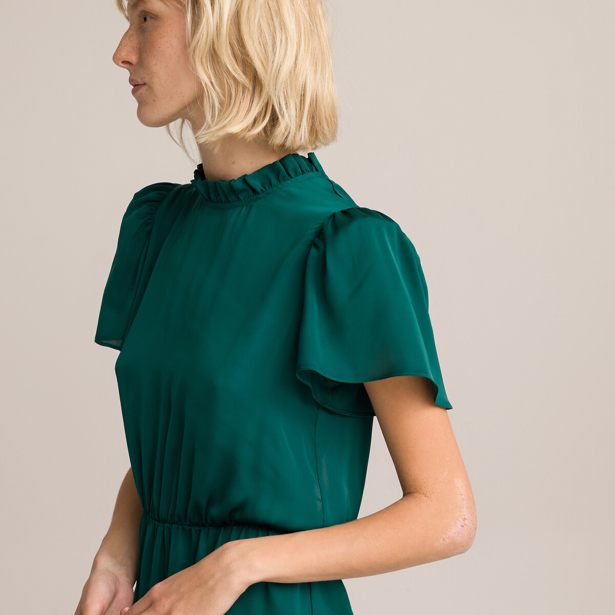 Платье Короткое воротник-стойка с воланом короткие рукава 42 зеленый LaRedoute, размер 42 - фото 2