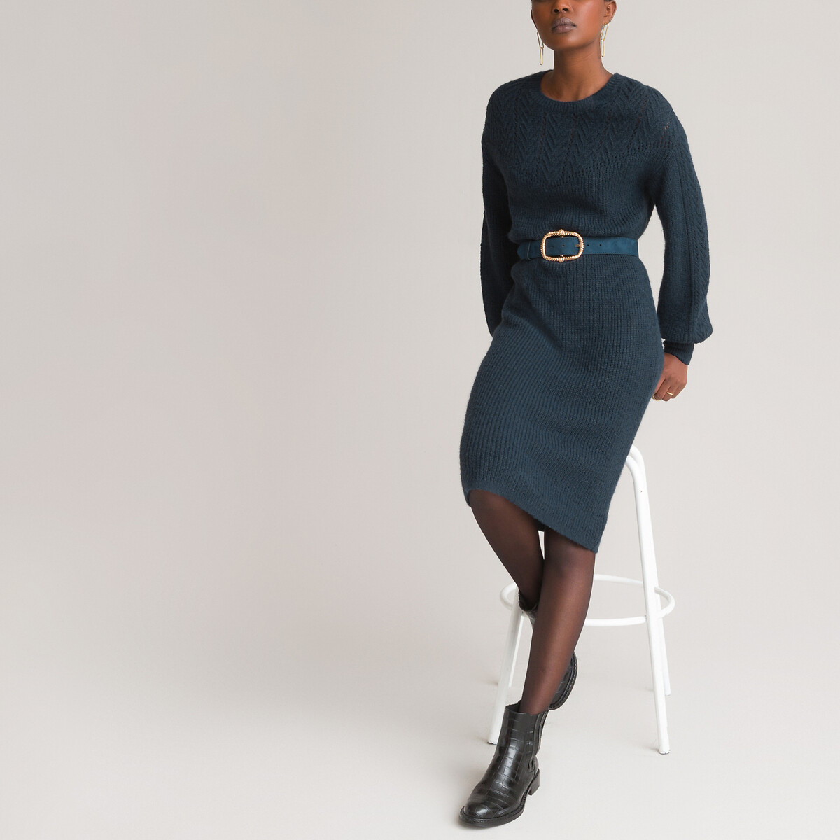 Платье-пуловер LaRedoute Короткое круглый вырез и длинные рукава XL синий, размер XL - фото 2