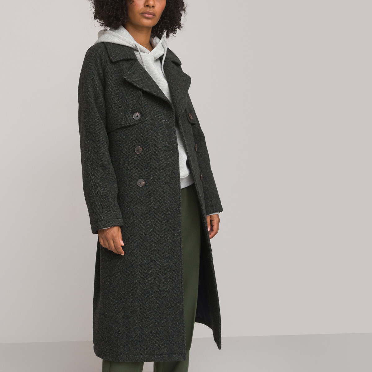 Пальто длинное из шерстяного драпа в ломаную саржу  34 (FR) - 40 (RUS) зеленый LaRedoute, размер 34 (FR) - 40 (RUS)