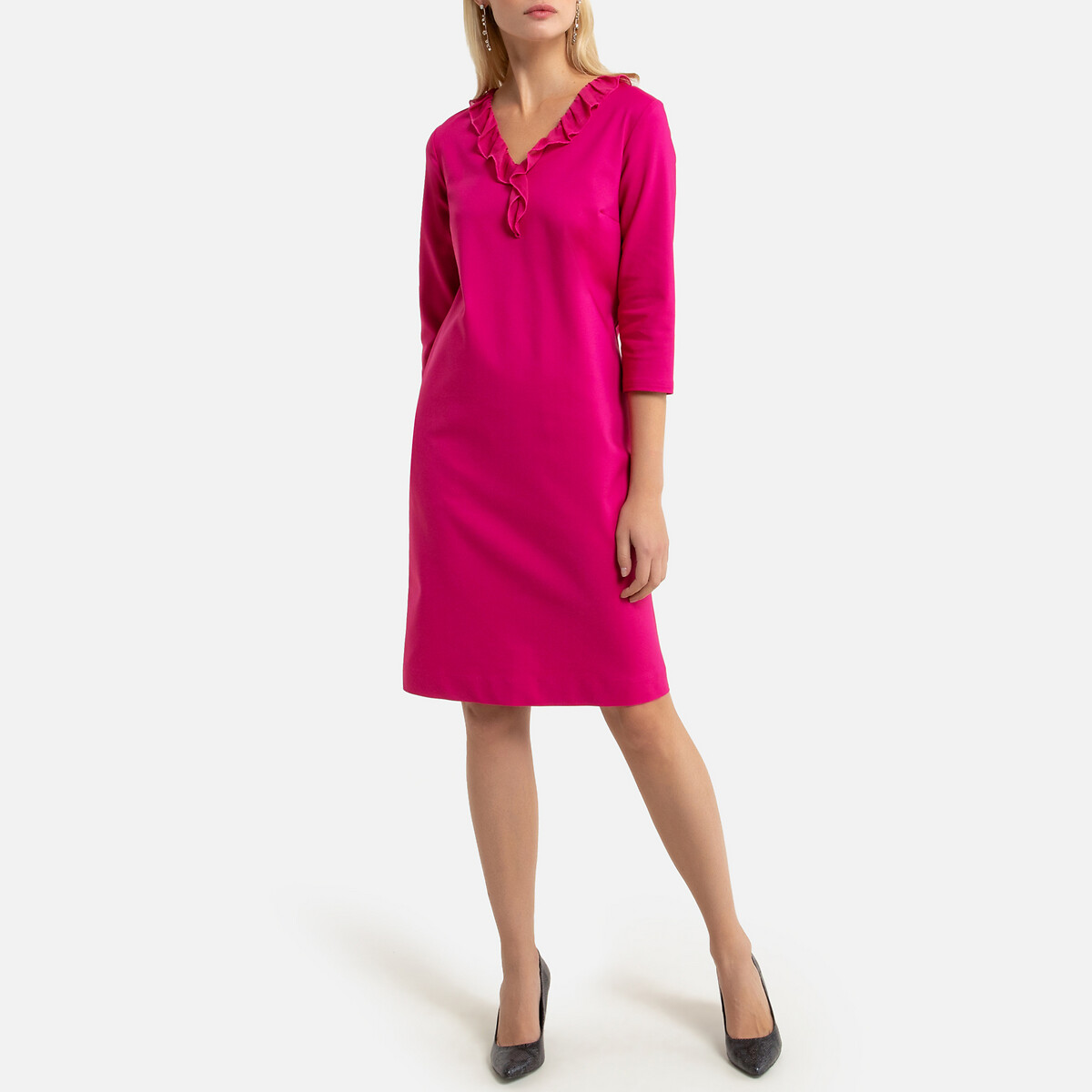 Платье-миди LaRedoute Прямое с длинными рукавами 52 (FR) - 58 (RUS) розовый, размер 52 (FR) - 58 (RUS) Прямое с длинными рукавами 52 (FR) - 58 (RUS) розовый - фото 2