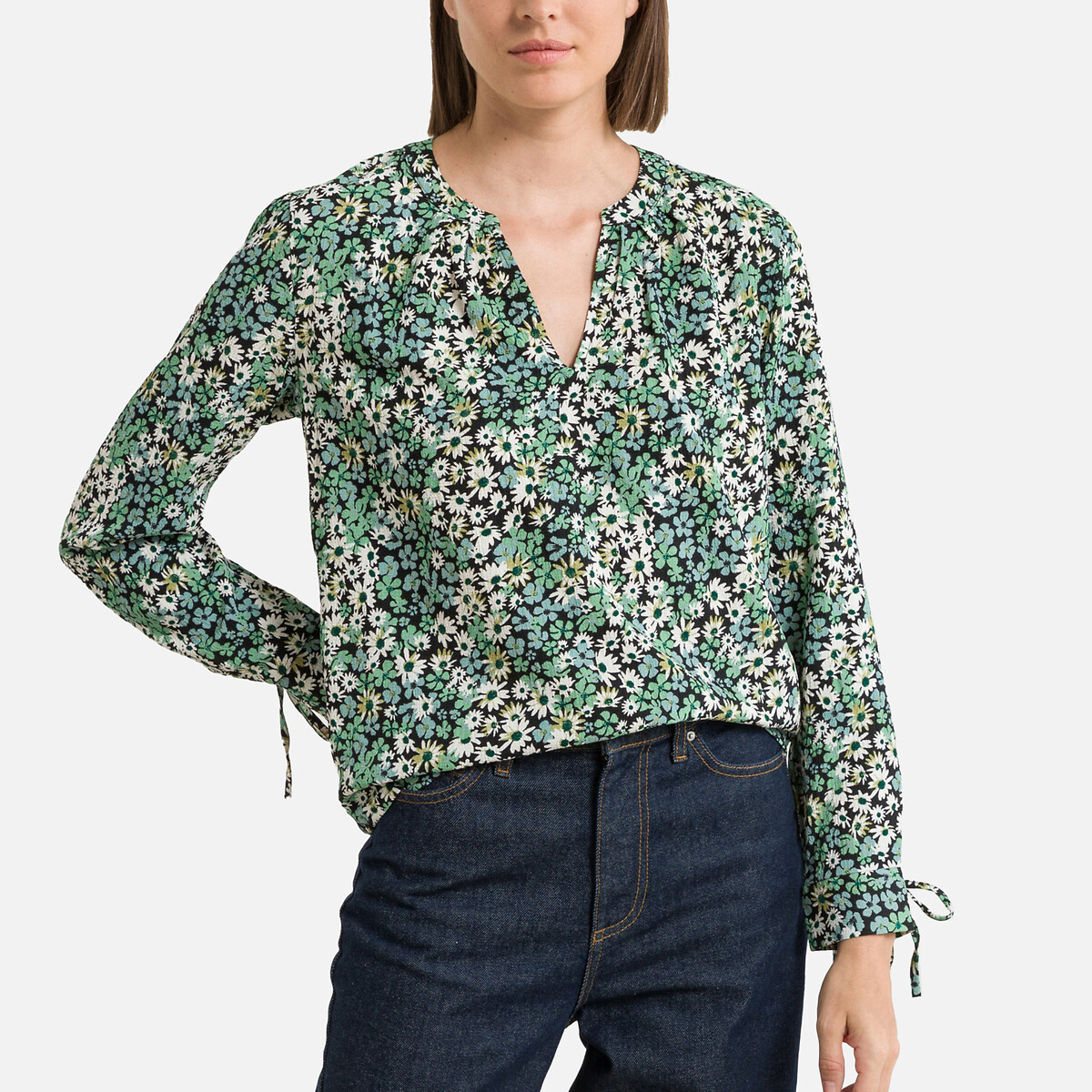 Блузка с цветочным принтом и V-образным вырезом XS зеленый блузка с цветочным принтом xs зеленый