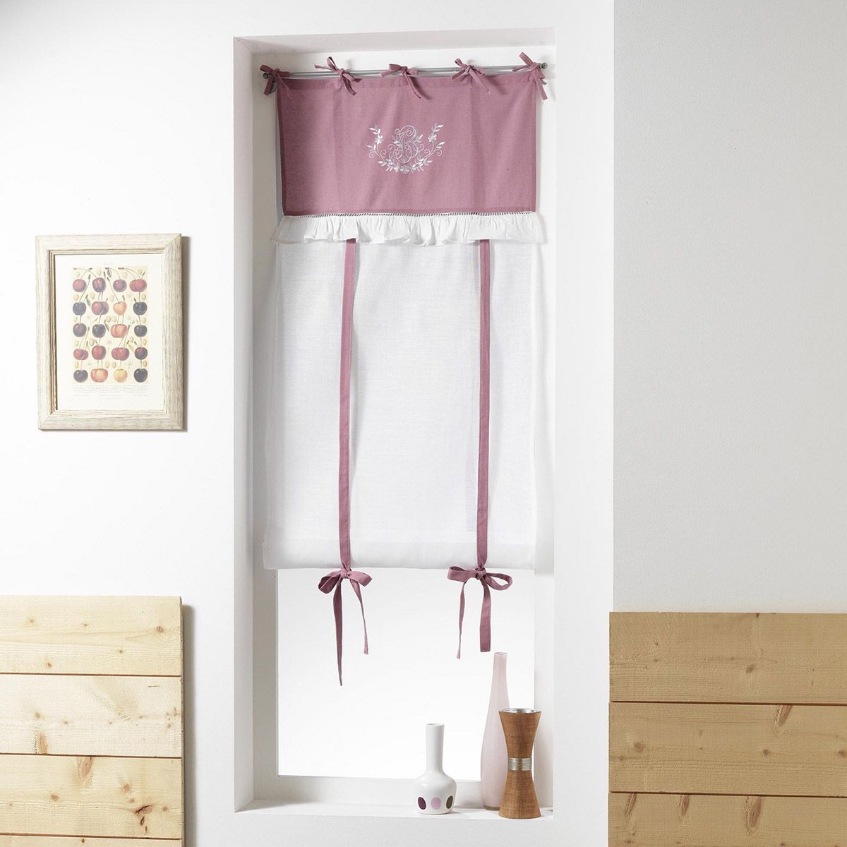 Store droit prêt-à-poser 60x150 cm Brodé Bonheur rose blanc