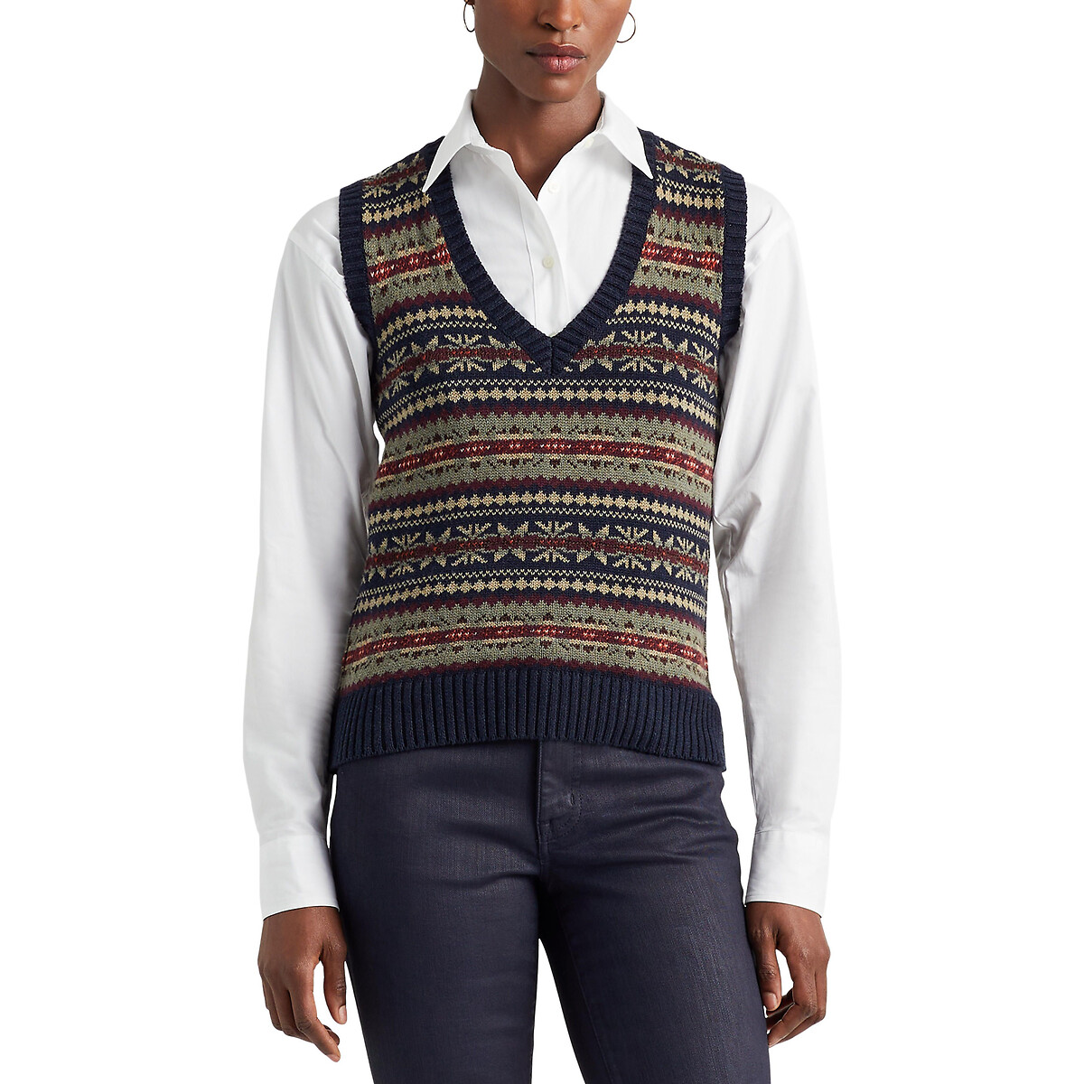 Пуловер с V-образным вырезом без рукавов из жаккарда XS разноцветный