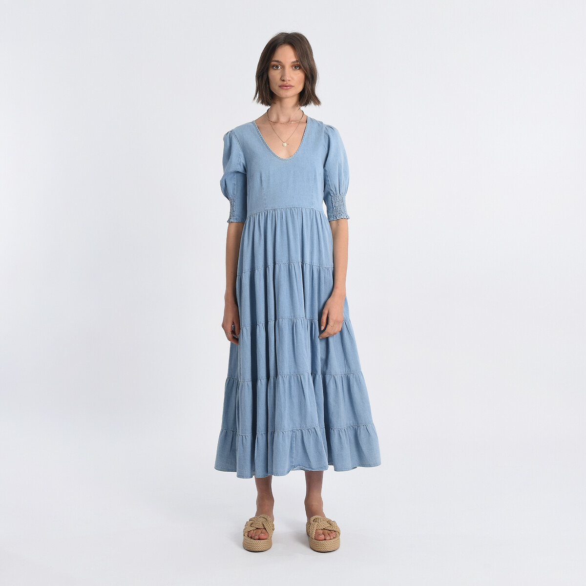 Платье длинное с воланами XL синий платье с принтом вырез с воланами xl синий