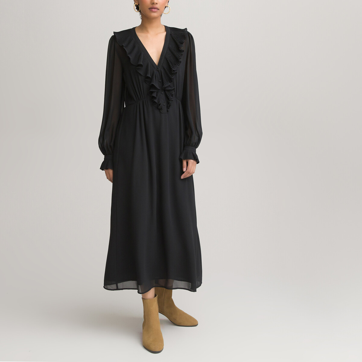 Платье LaRedoute Длинное с V-образным вырезом длинные рукава 46 черный, размер 46 - фото 2