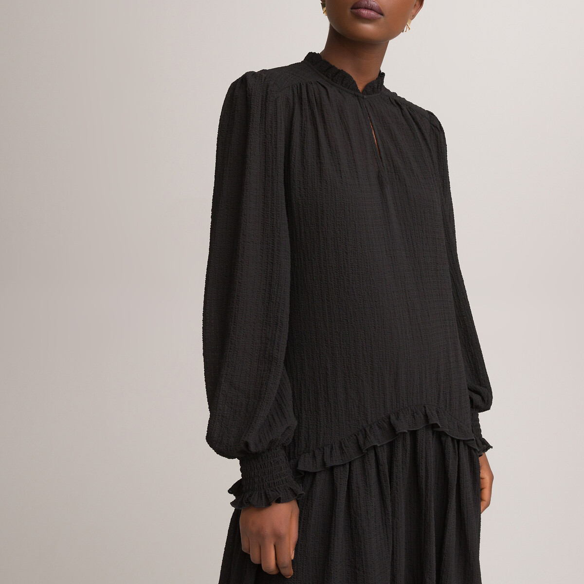 Платье LaRedoute С расклешенной юбкой небольшим воротником и длинными рукавами 46 черный, размер 46 - фото 2