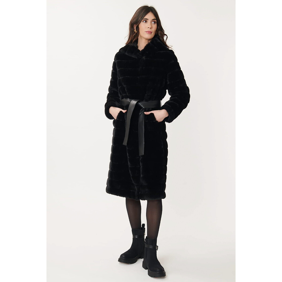 Пальто длинное Catherine с искусственным мехом с капюшоном  S черный