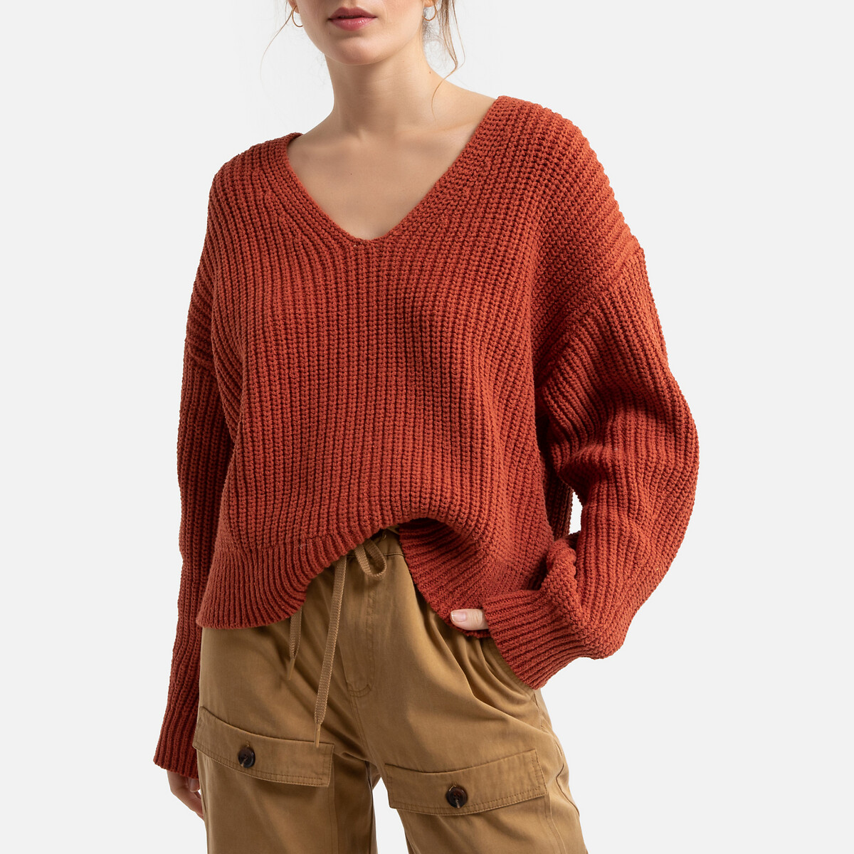 Пуловер С V-образным вырезом из плотного трикотажа XS оранжевый