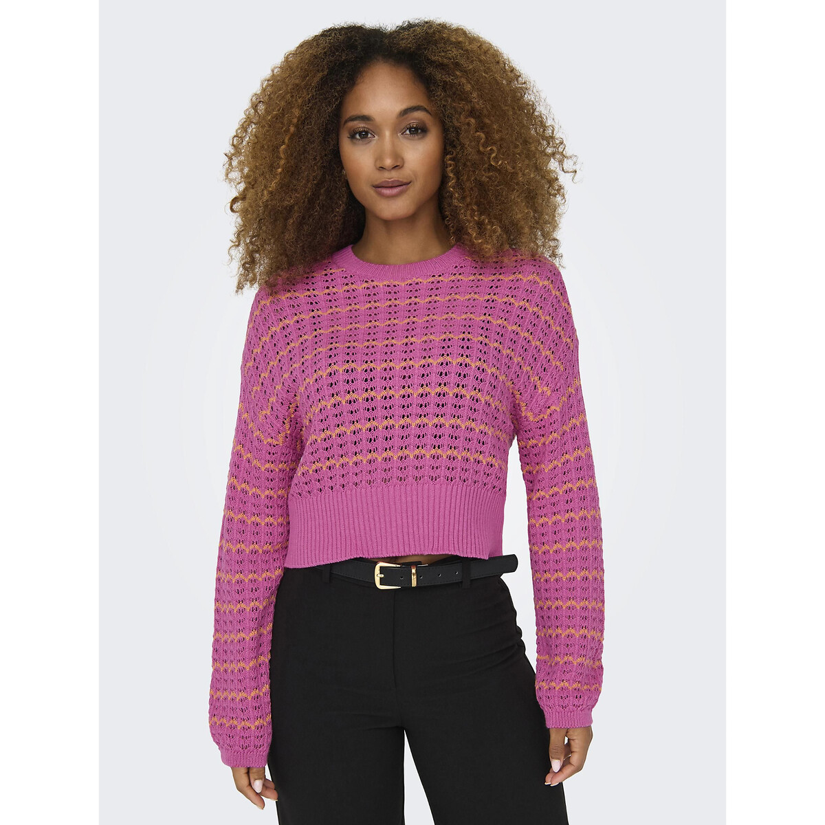 Пуловер короткий из ажурного трикотажа L бежевый пуловер с высоким воротником из ажурного трикотажа m фиолетовый