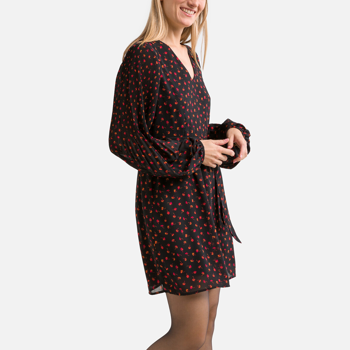 Платье с V-образным вырезом цветочный принт  XS черный LaRedoute, размер XS - фото 2