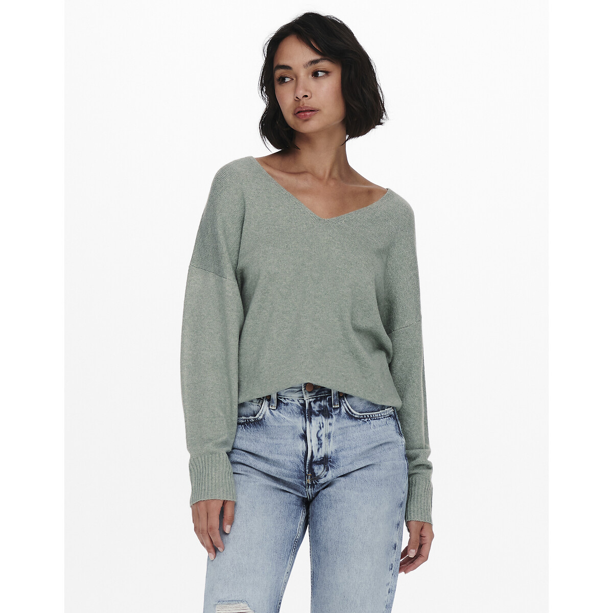 Пуловер ONLY Пуловер С V-образным вырезом из тонкого трикотажа S зеленый, размер S