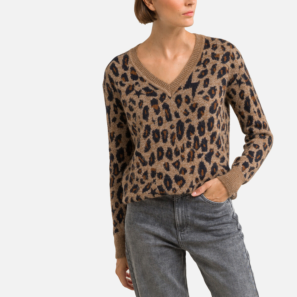 Пуловер С V-образным вырезом из тонкого трикотажа с леопардовым принтом XS другие