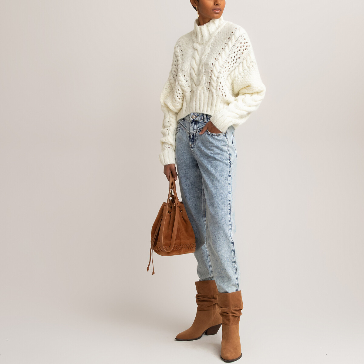 Пуловер LaRedoute С воротником-стойкой с плетеным узором M белый, размер M - фото 2