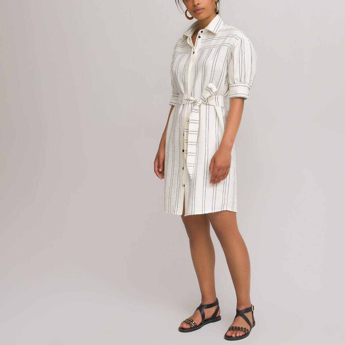 Платье-рубашка LaRedoute В полоску из смешанного льна 46 бежевый, размер 46 - фото 2