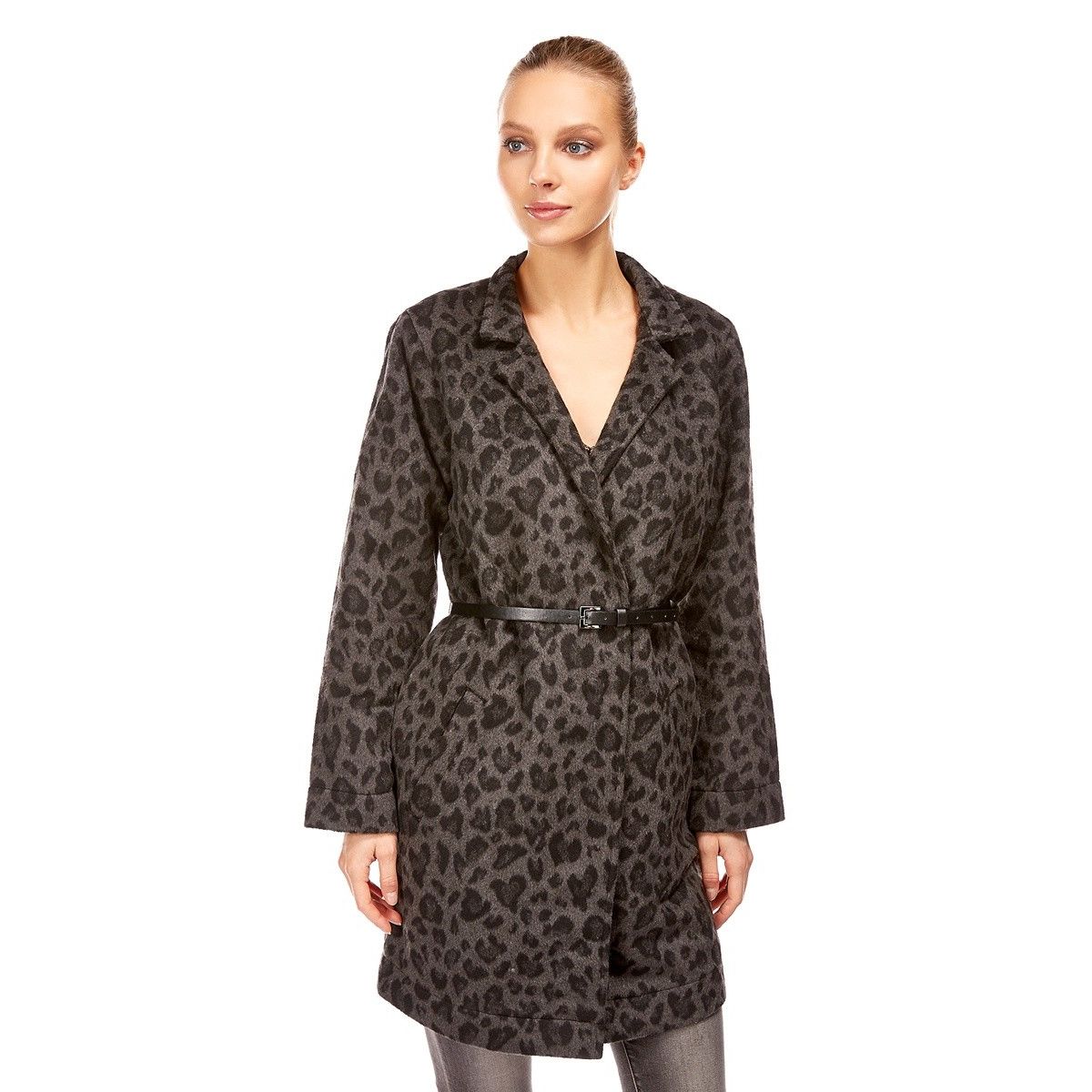Manteau Imprimé Léopard col plat avec ceinture