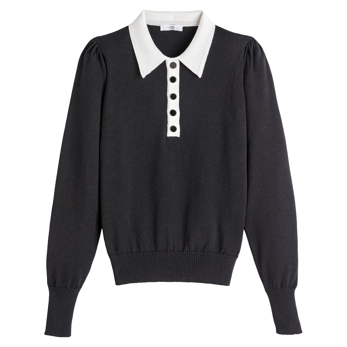Пуловер LaRedoute С воротником-поло двухцветный декоративные пуговицы M черный, размер M - фото 5