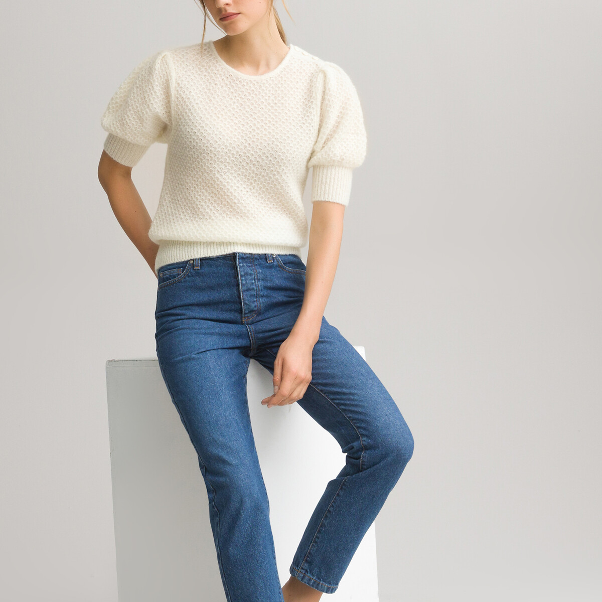 Пуловер LaRedoute С круглым вырезом короткие рукава с напуском L белый, размер L - фото 2