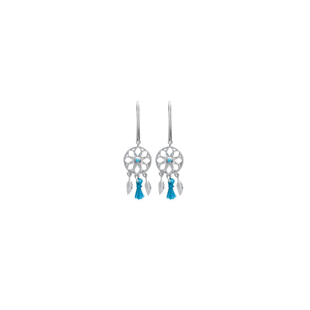 Boucles d'oreilles pendantes 'Attrape Rêve et pompoms bleus'