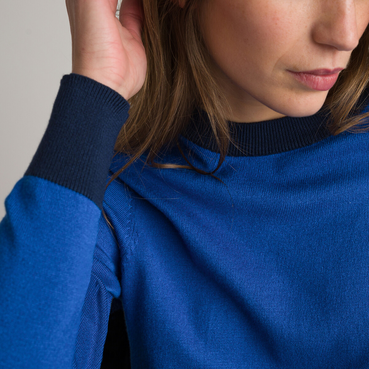 Пуловер Двухцветный с круглым вырезом из тонкого трикотажа S синий LaRedoute, размер S - фото 3