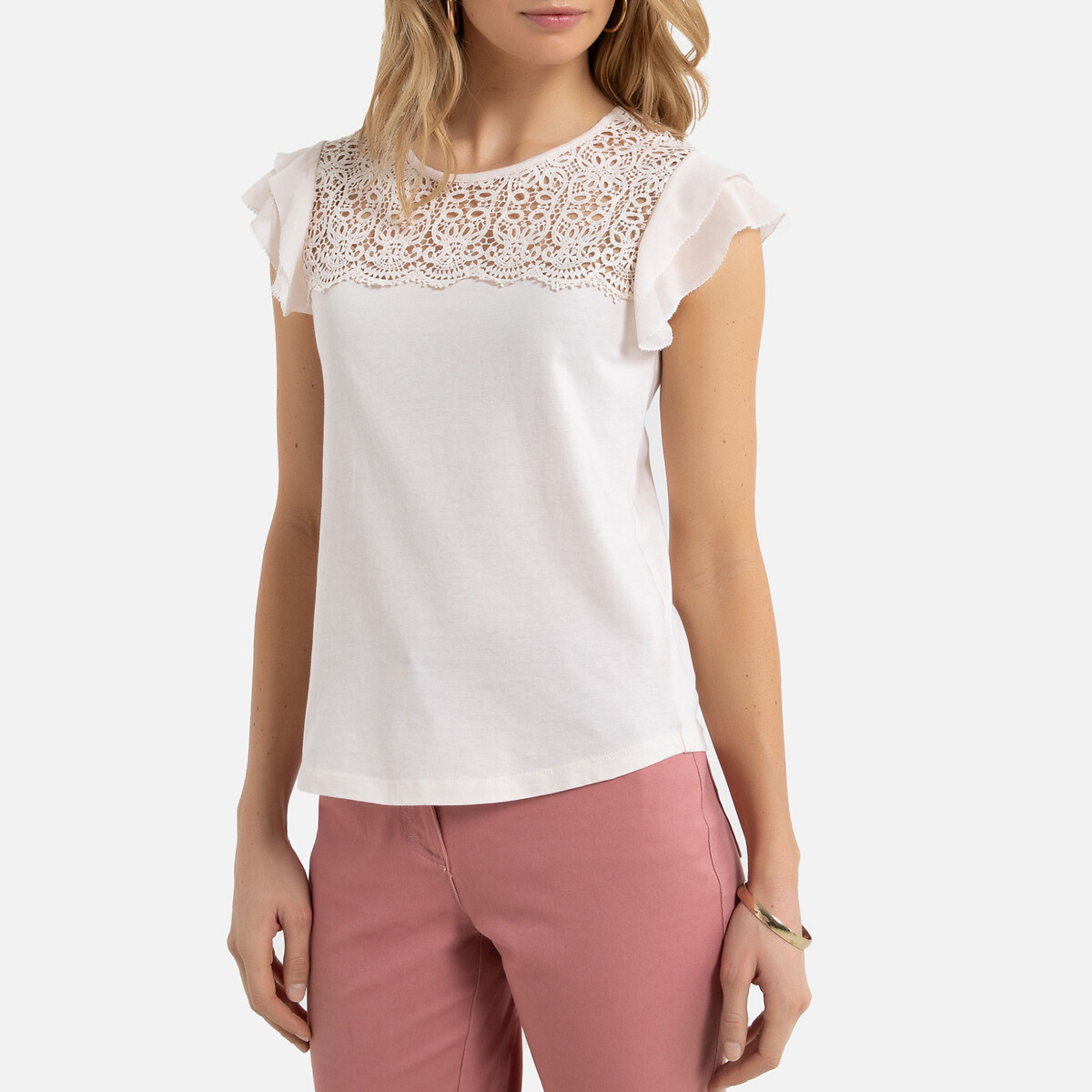

Футболка La Redoute, Розовый, С круглым вырезом с отделкой гипюром 46/48 (FR) - 52/54 (RUS) розовый