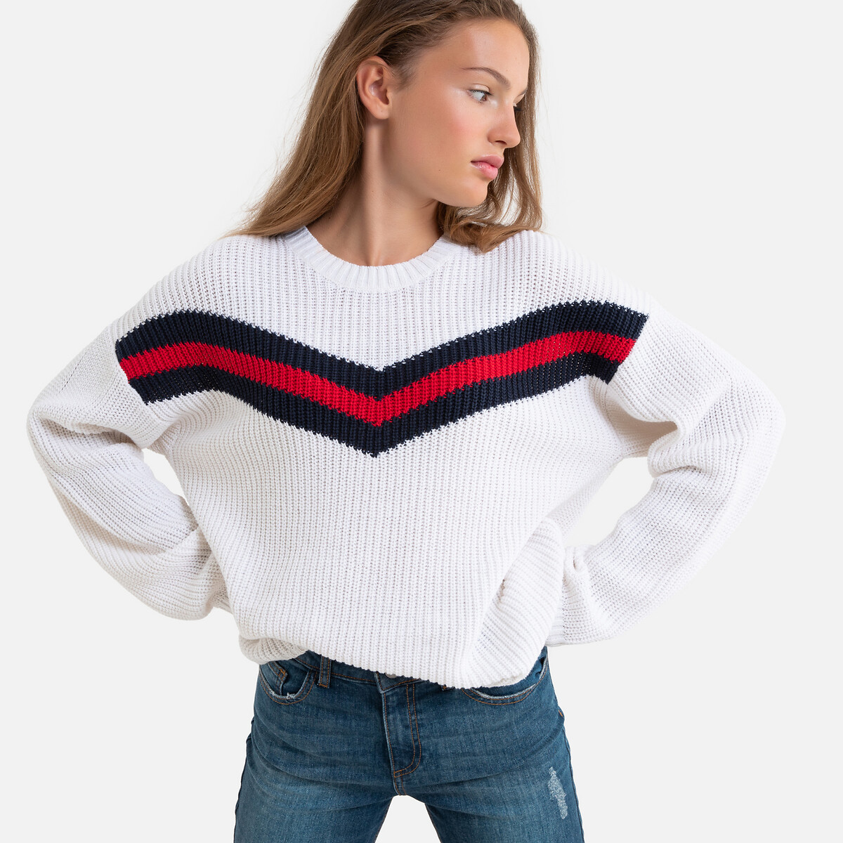 Пуловер La Redoute С круглым вырезом из плотного трикотажа  14 лет - 156 см белый, размер 14 лет - 156 см