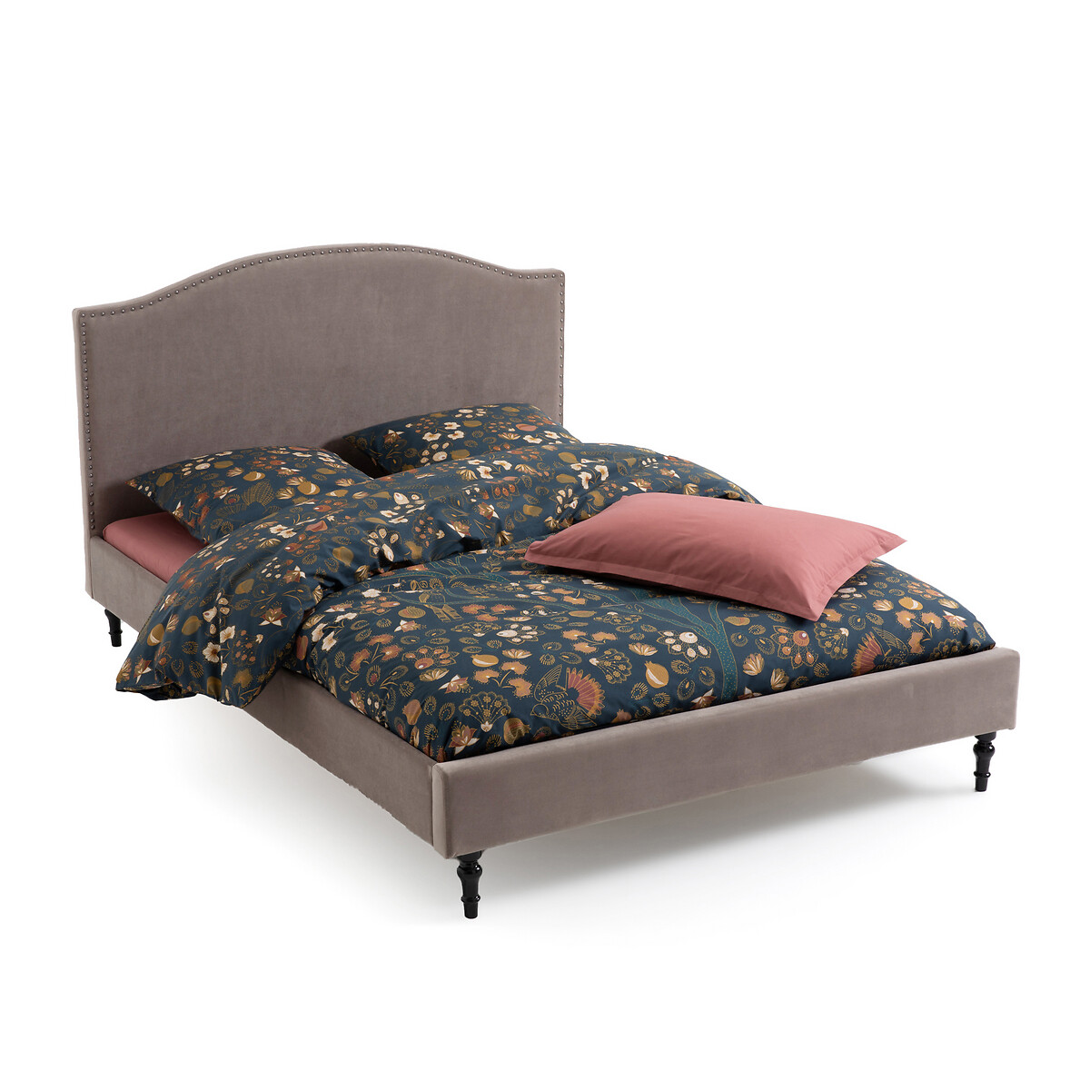 Кровать LaRedoute Из велюра с отделкой заклепками с кроватным основанием Andante 140 x 190 см серый, размер 140 x 190 см