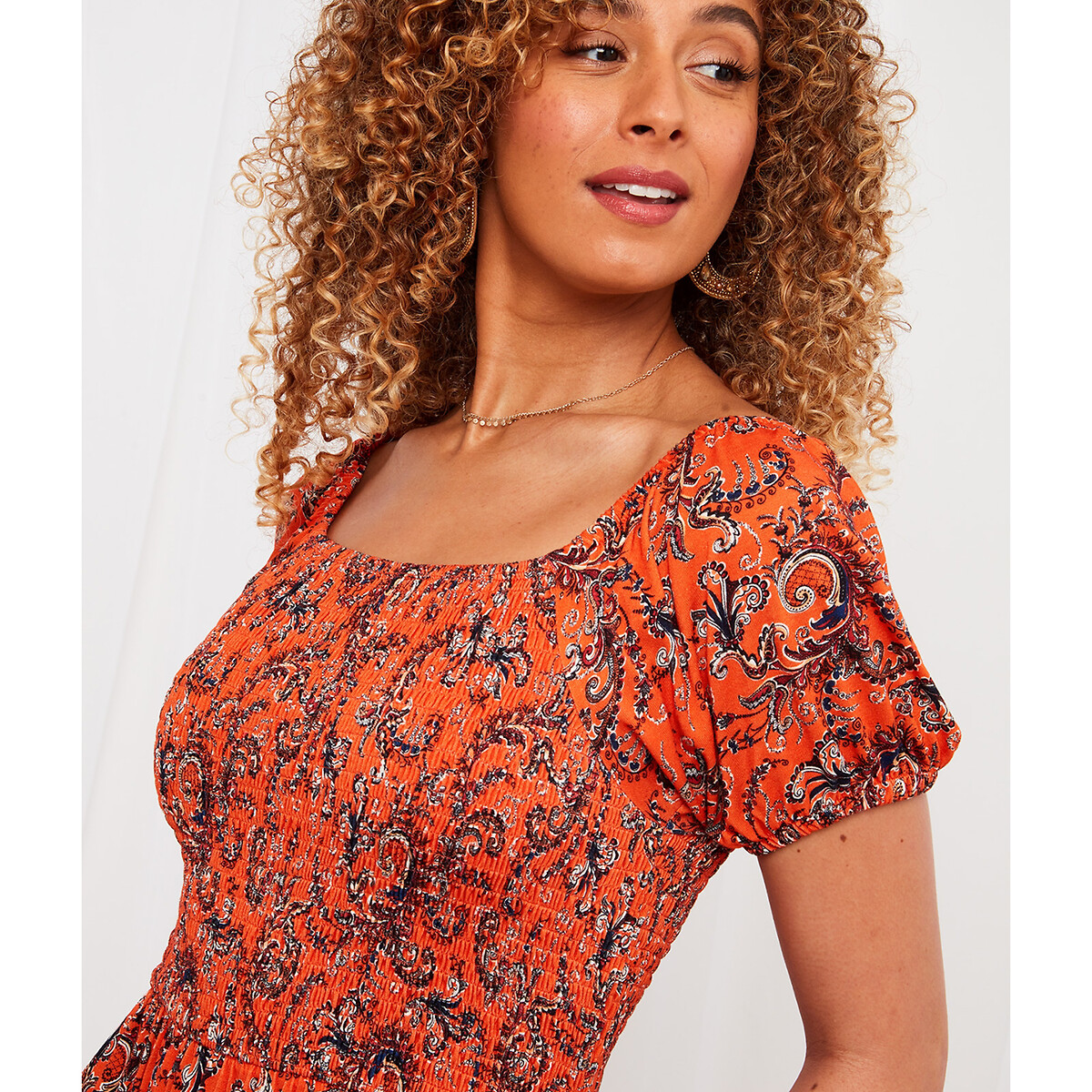 Платье Длинное с квадратным вырезом и принтом 44 оранжевый LaRedoute, размер 44 - фото 2