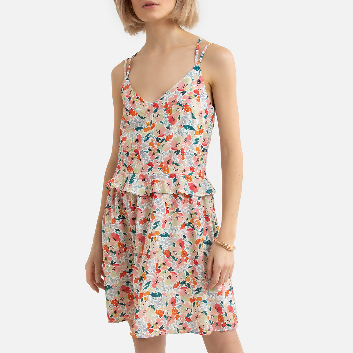 Платье LaRedoute Короткое бретели с цветочным узором перекрещенные сзади XS бежевый, размер XS - фото 1