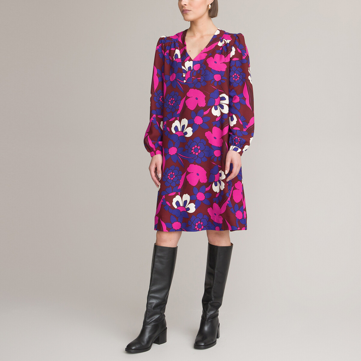 Платье Прямое средней длины с цветочным принтом 44 фиолетовый LaRedoute, размер 44 - фото 1