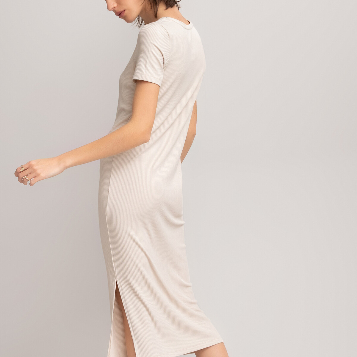 Платье LaRedoute С короткими рукавами из рифленого трикотажа стрейч S бежевый, размер S - фото 3