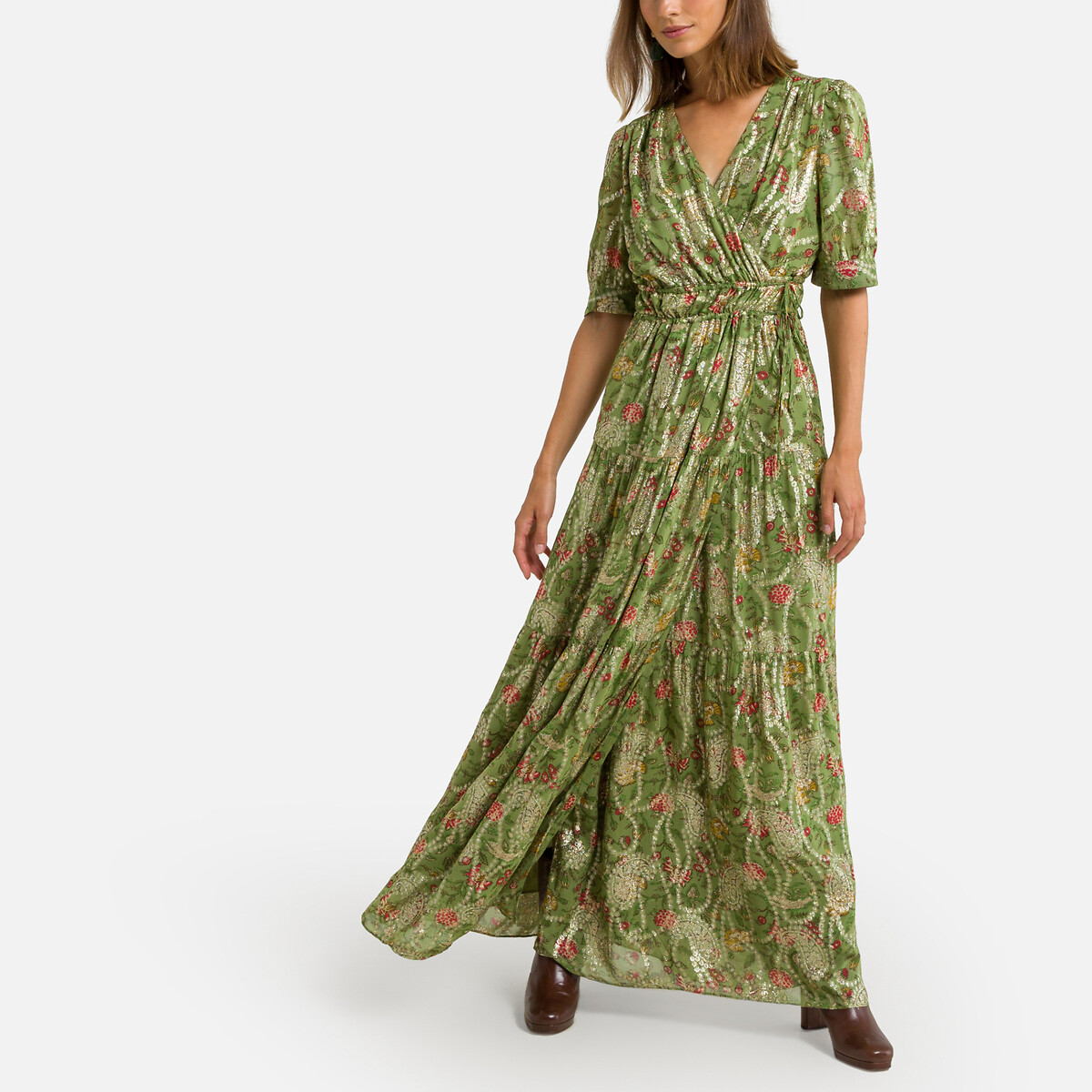 Платье с запахом длинное короткие рукава RUBI 0(XS) зеленый платье длинное рукава с напуском с принтом 48 красный