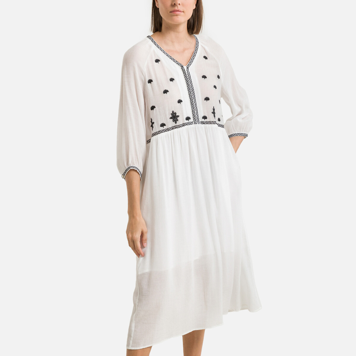 Платье-миди С вышивкой 0(XS) белый LaRedoute, размер 0(XS) Платье-миди С вышивкой 0(XS) белый - фото 2