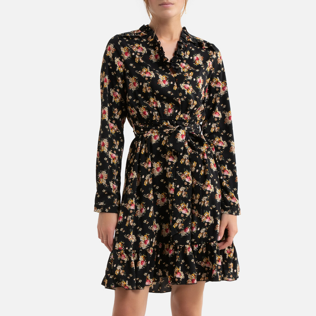 Платье La Redoute С цветочным принтом короткое расклешенное с ремешком и V-образным вырезом L черный, размер L - фото 1