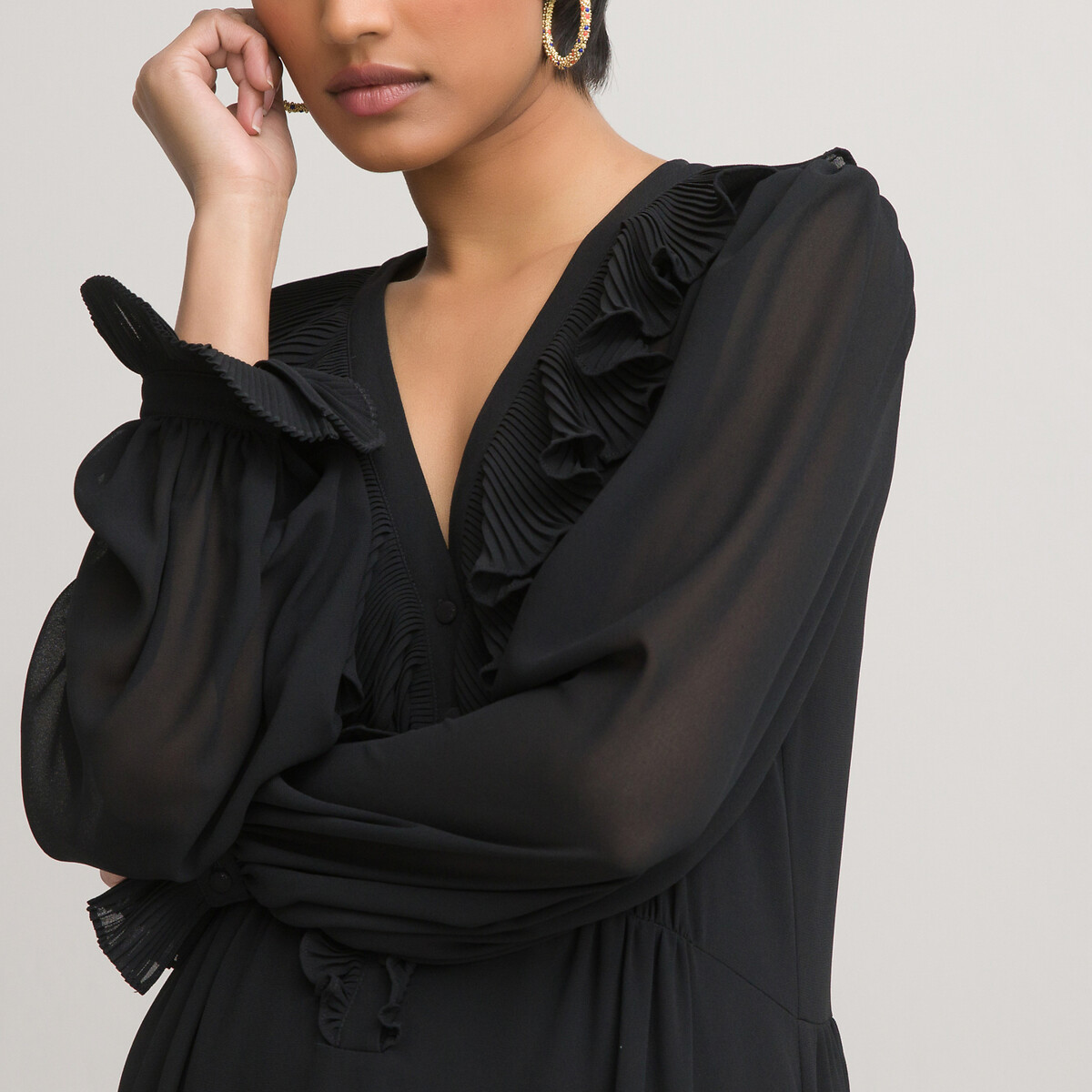 Платье LaRedoute Длинное с V-образным вырезом длинные рукава 48 черный, размер 48 - фото 3