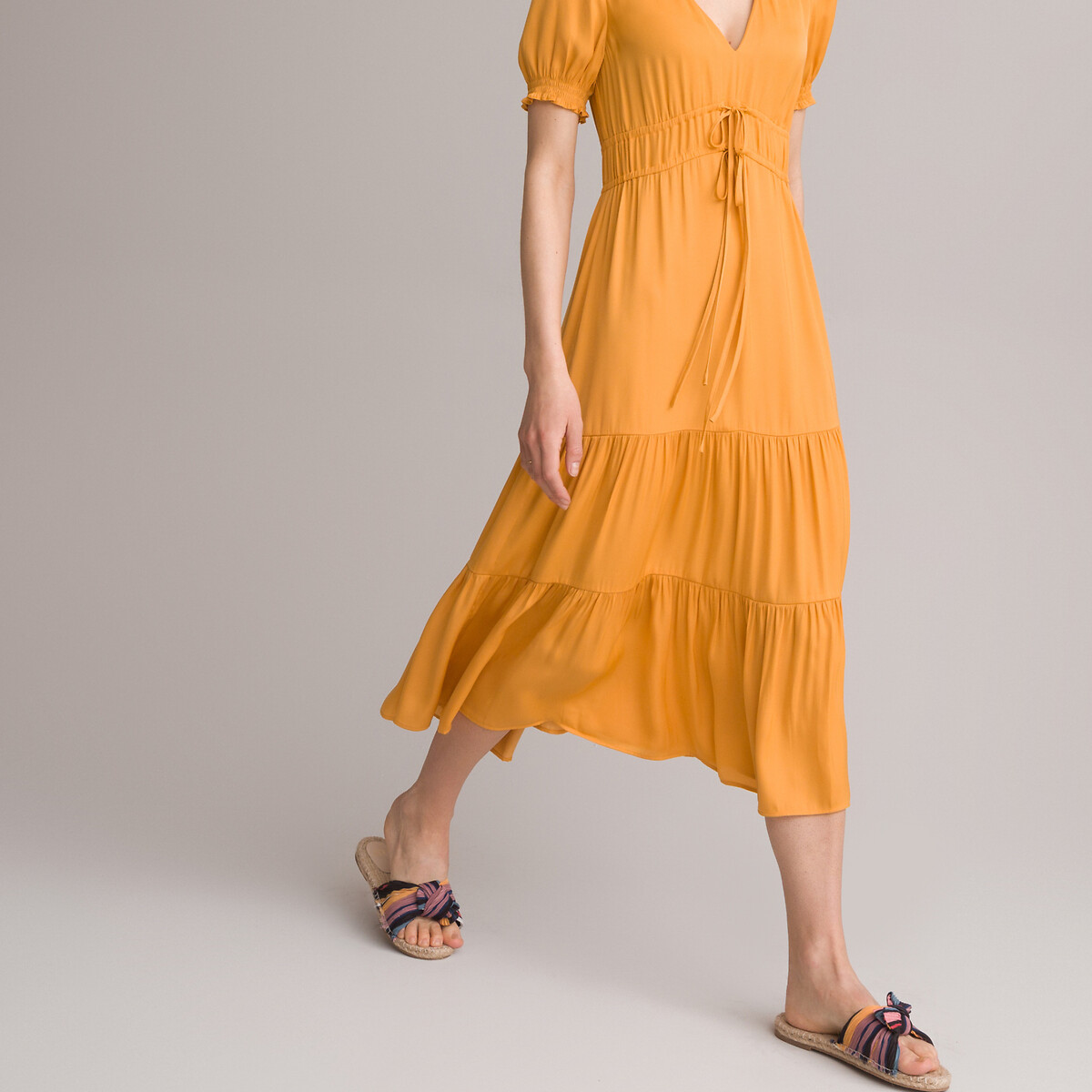 Платье-миди LA REDOUTE COLLECTIONS С v-образным вырезом короткие рукава 44 желтый, размер 44 - фото 3