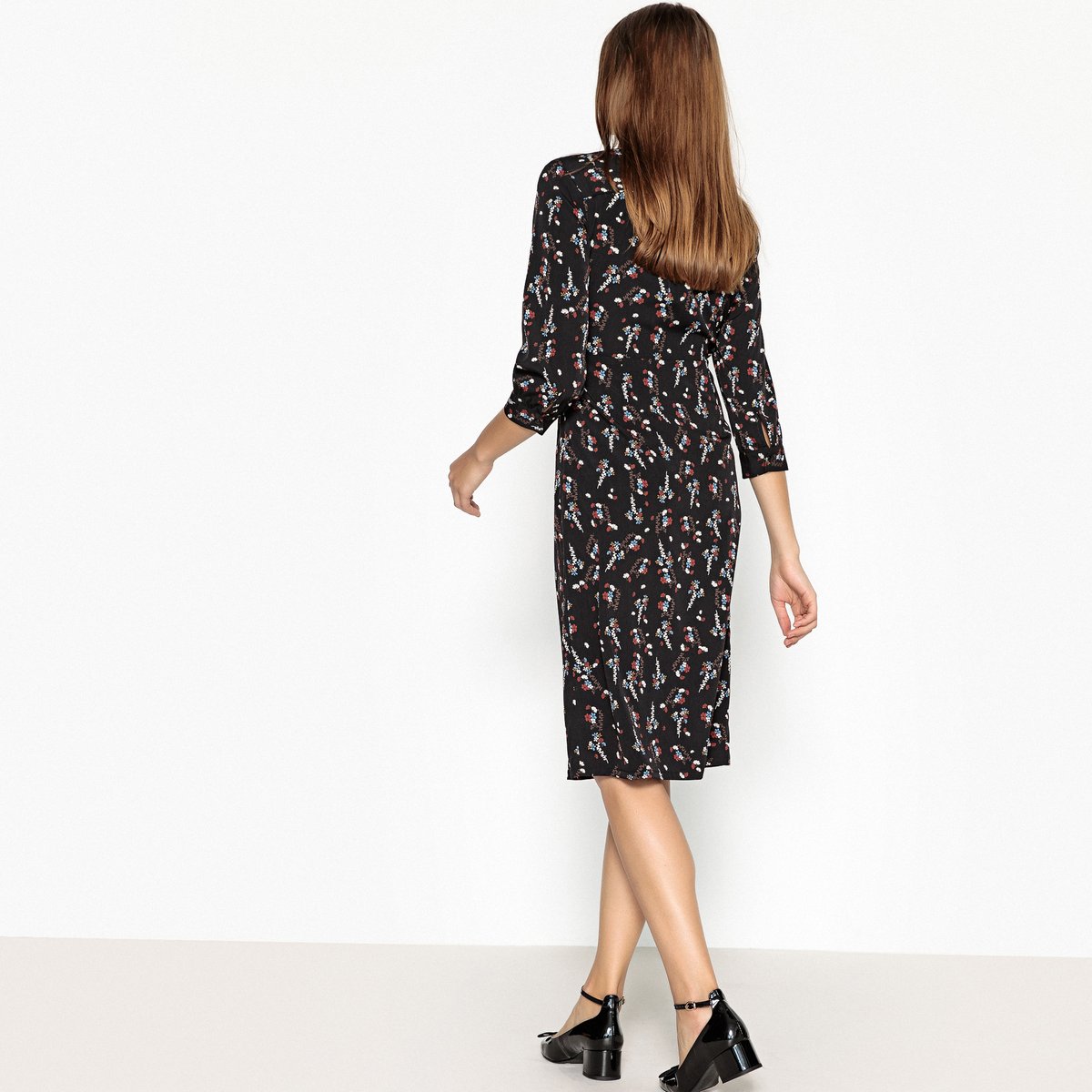 Платье La Redoute Расклешенное с цветочным принтом длина миди XS черный, размер XS - фото 4