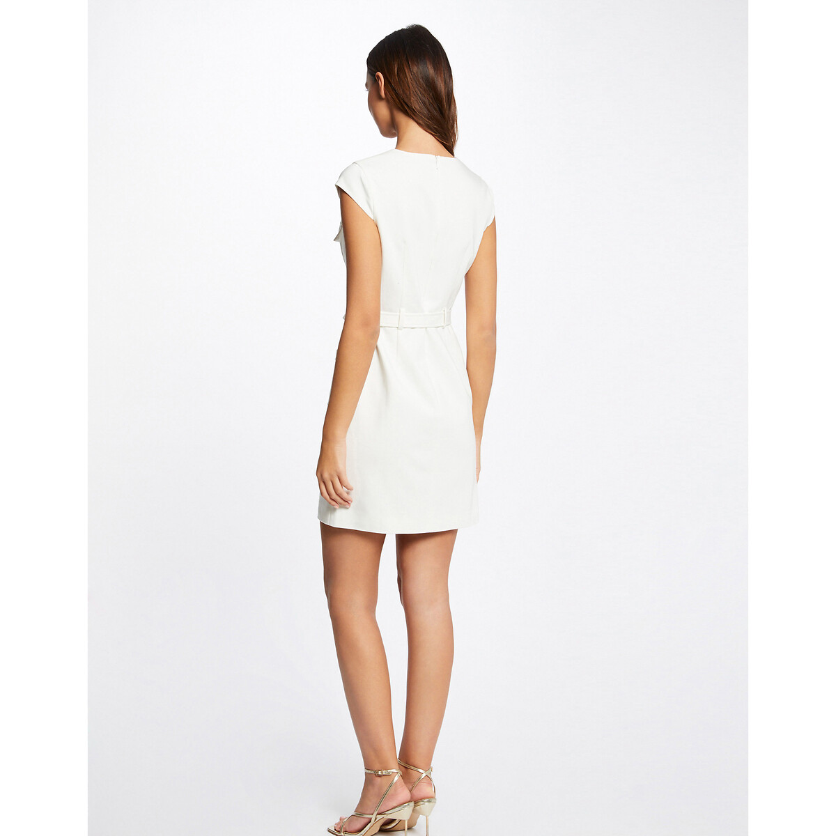 Платье Приталенное с V-образным вырезом без рукавов с поясом 42 белый LaRedoute, размер 42 - фото 4