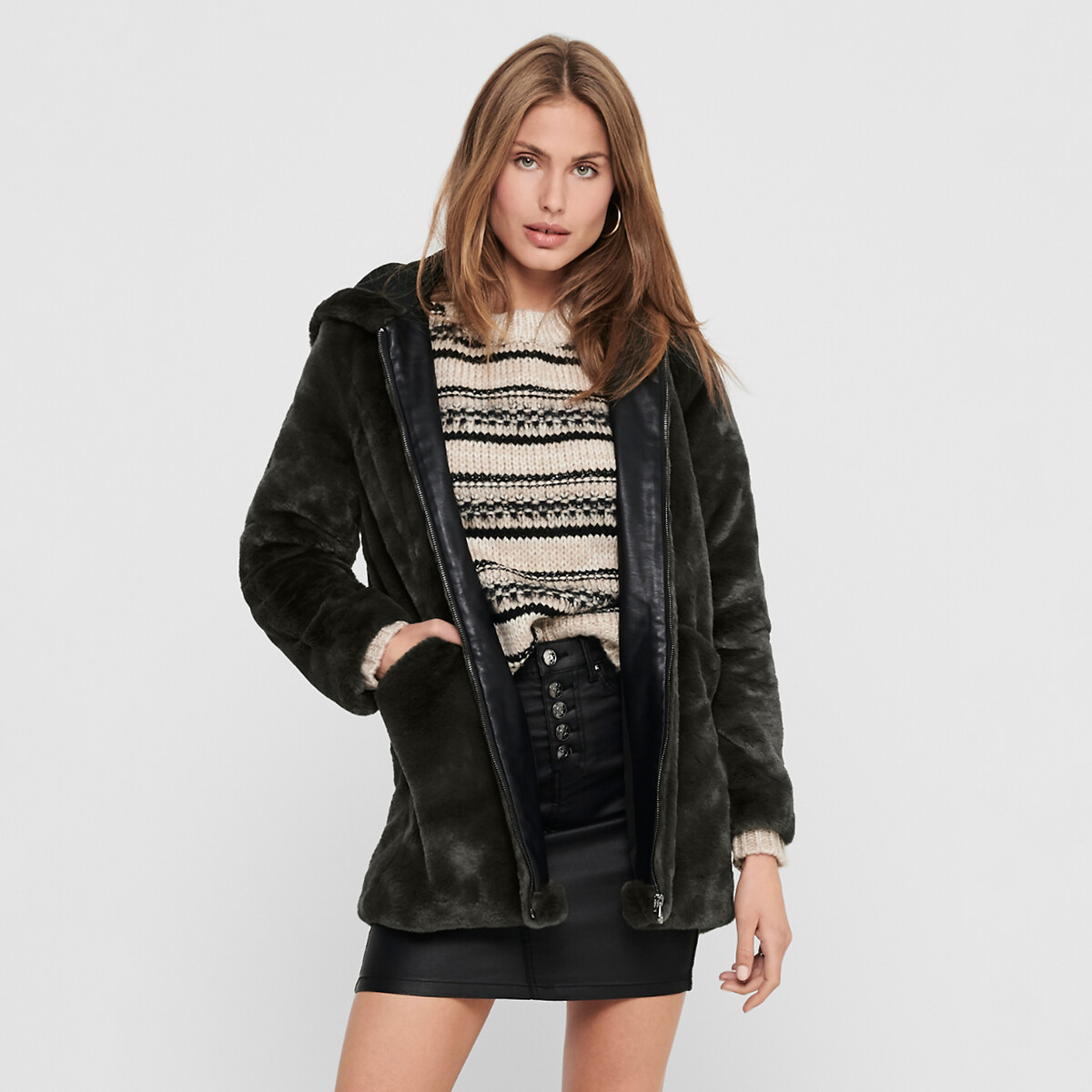 

Пальто LaRedoute, Серый, Из искусственного меха с капюшоном XS серый