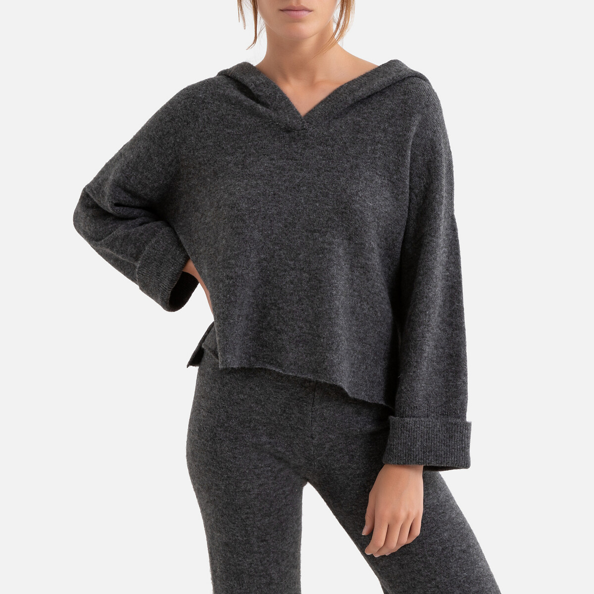 Пуловер LaRedoute С капюшоном из тонкого трикотажа 0(XS) серый, размер 0(XS) С капюшоном из тонкого трикотажа 0(XS) серый - фото 1