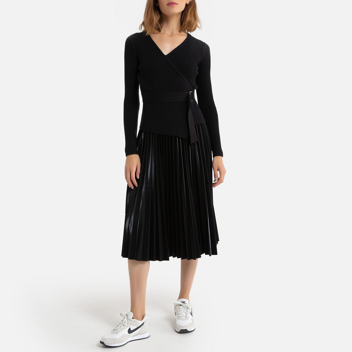 Платье La Redoute Длинное с плиссировкой V-образный вырез пояс с завязками L черный, размер L - фото 2