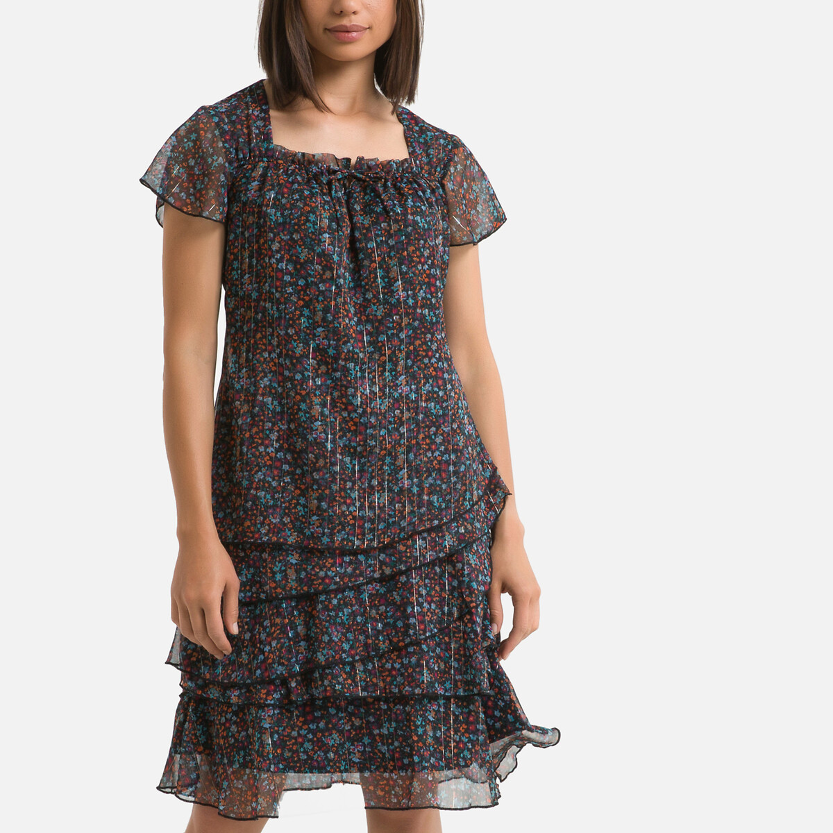 Платье LaRedoute Расклешенное с цветочным принтом миди 44 разноцветный, размер 44 - фото 1