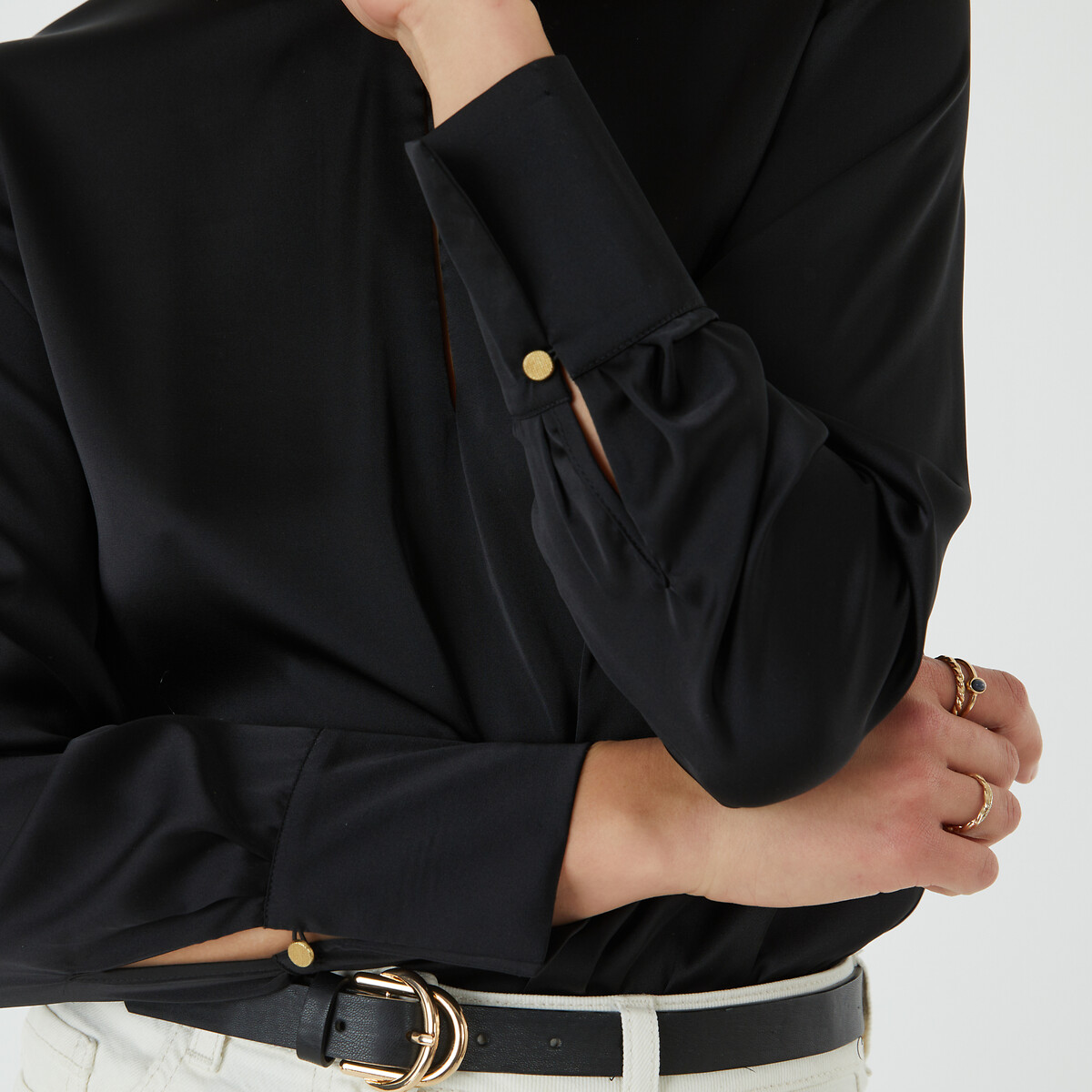Блузка с круглым вырезом из сатина 52 (FR) - 58 (RUS) черный пижама из сатина с длинными рукавами 52 fr 58 rus синий